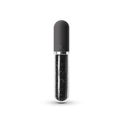 A rechargeable vibrator with a grey silicone cap and a glass tube filled with black crystals.