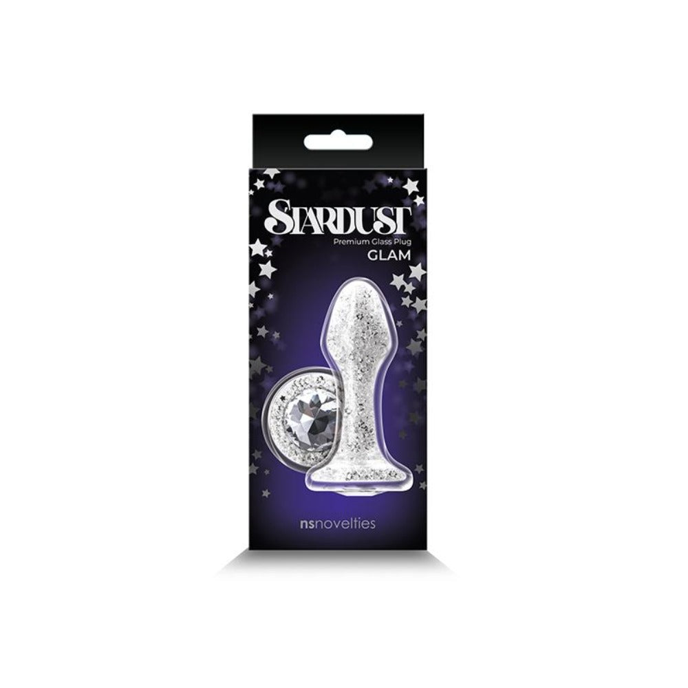 Stardust glass anal plug with white crystals.