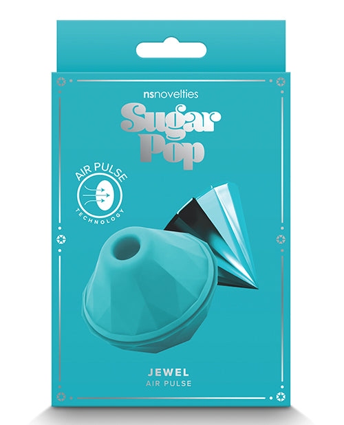 Sugar Pop Jewel air pulse clitoral stimulator in teal, shown in retail packaging