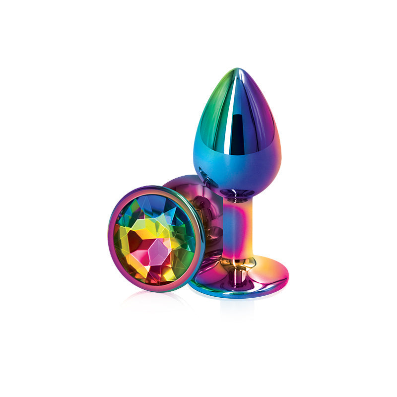Small rainbow aluminum anal plug with a jeweled base.