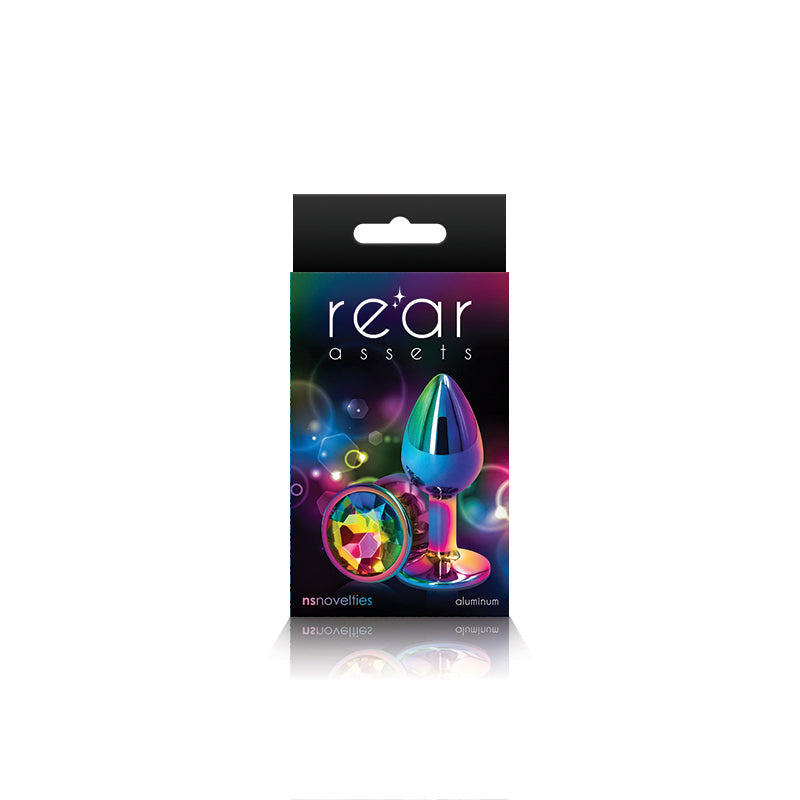 Small rainbow aluminum anal plug with a jeweled base.