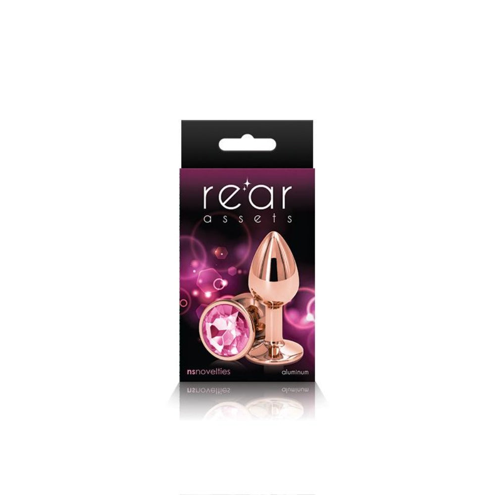 Small rose gold aluminum anal plug with a pink gem from NS Novelties.