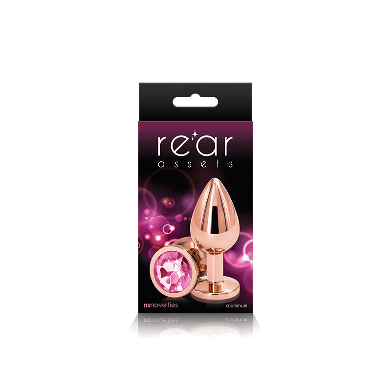 Rose gold aluminum anal plug with a pink gem.