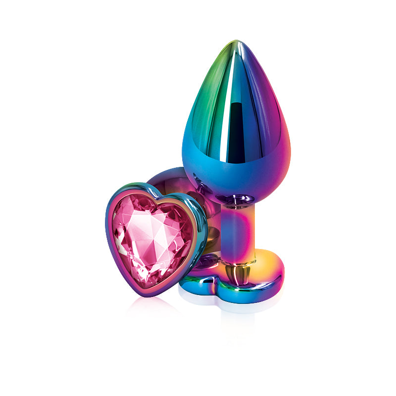 A multicolor anal plug with a pink heart-shaped gem.