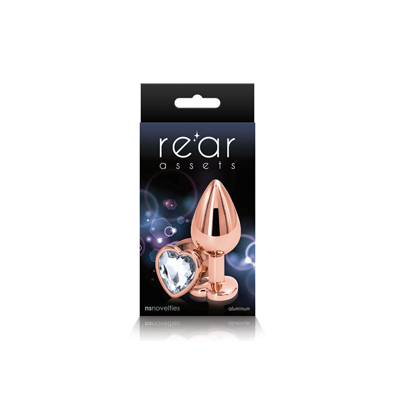 Rose gold aluminum anal plug with a heart-shaped base.