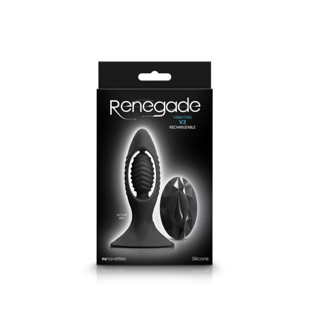 Renegade V2 vibrating plug and remote, made of black silicone.
