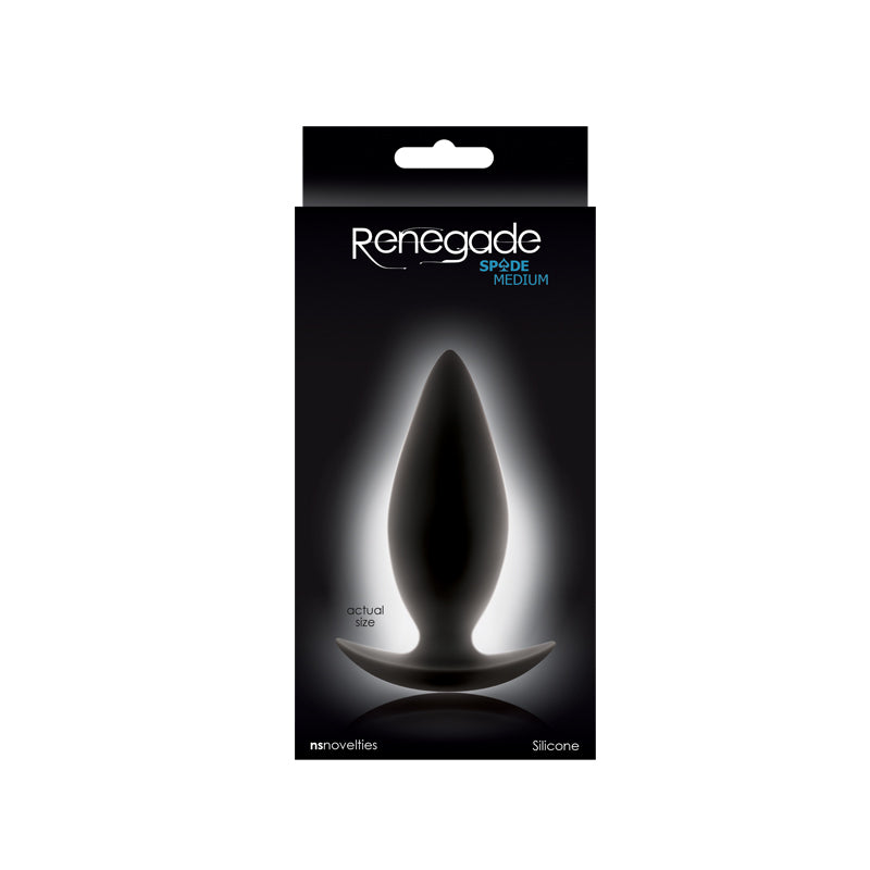 Renegade Spade Medium black silicone anal plug on packaging.