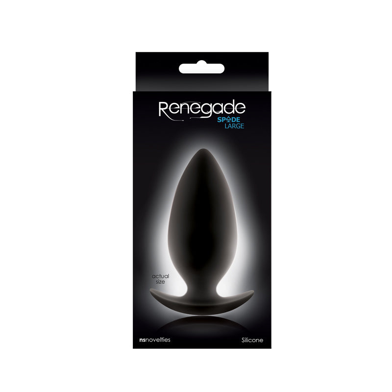 Black Renegade Spade Large silicone anal plug in packaging.