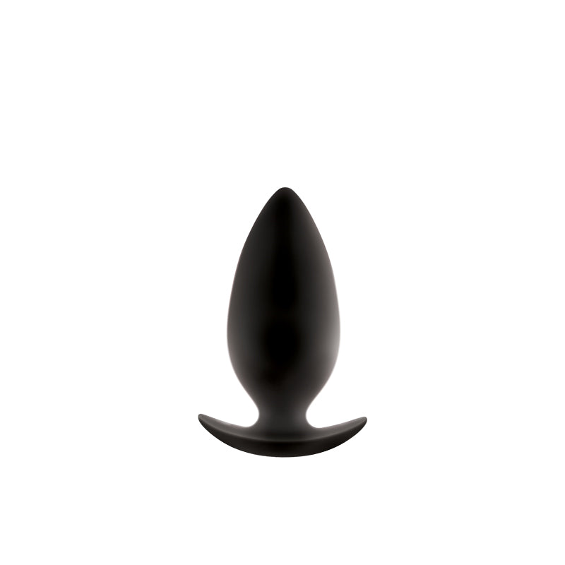 Black silicone anal plug with a spade-shaped base.