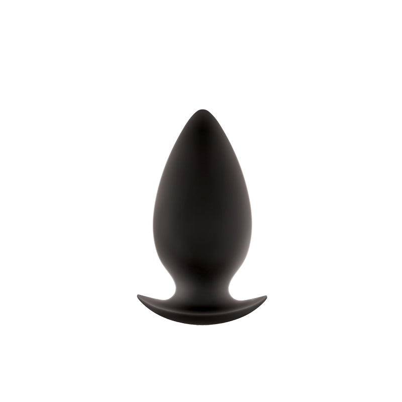 Black extra-large spade-shaped silicone anal plug with a flared base.