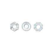 Three clear elastic rings with different textured edges.