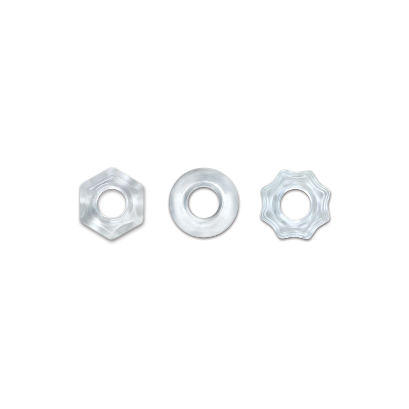 Three clear elastic rings with different textured edges.
