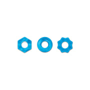 Three blue elastic stackable rings in hexagonal, circular, and star shapes.