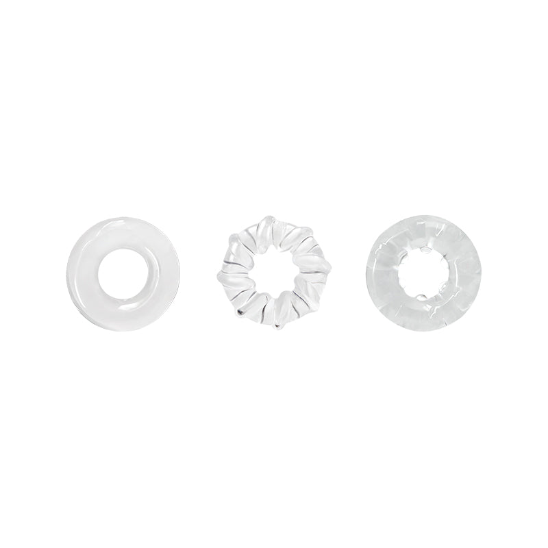 Three clear, stretchy TPE rings of varying textures.