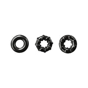 Three black TPE rings with different textured designs.