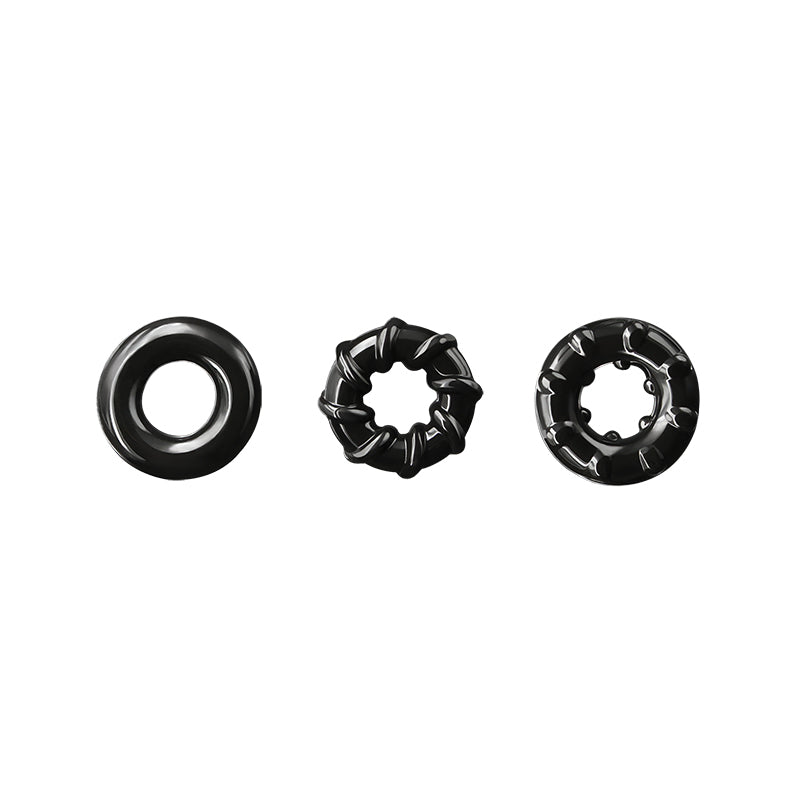Three black TPE rings with different textured designs.