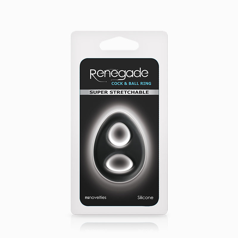 A black silicone cock and ball ring with two openings, packaged for sale.