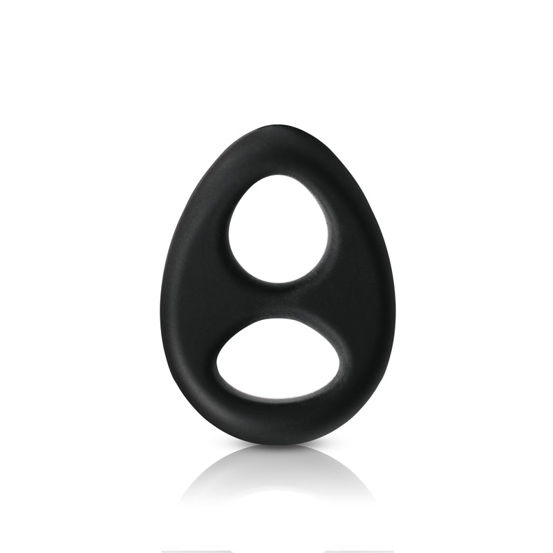 Black silicone cock ring with two openings.