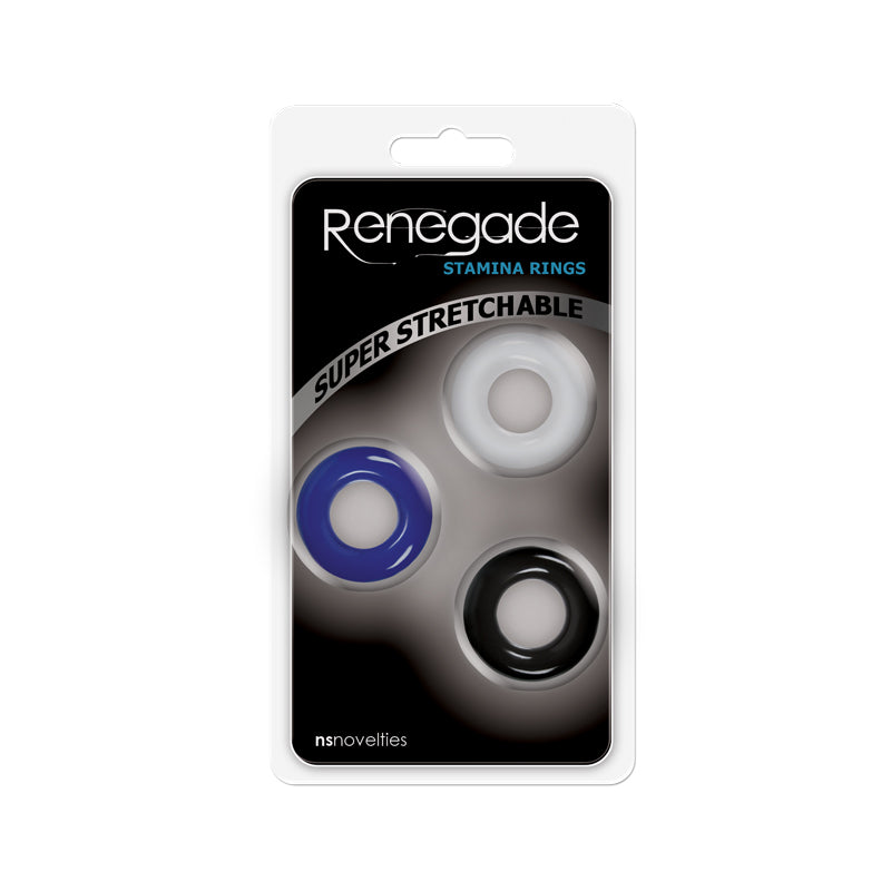 Renegade stamina rings in blue, white, and black.