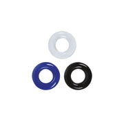 Three stretchy TPE cock rings in white, blue, and black.
