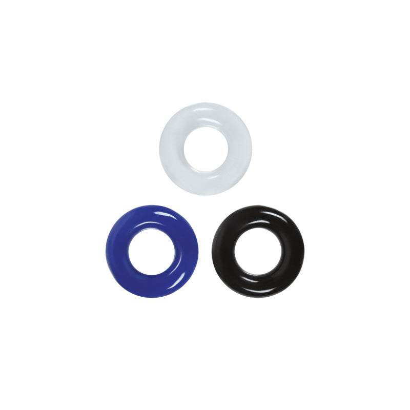 Three stretchy TPE cock rings in white, blue, and black.