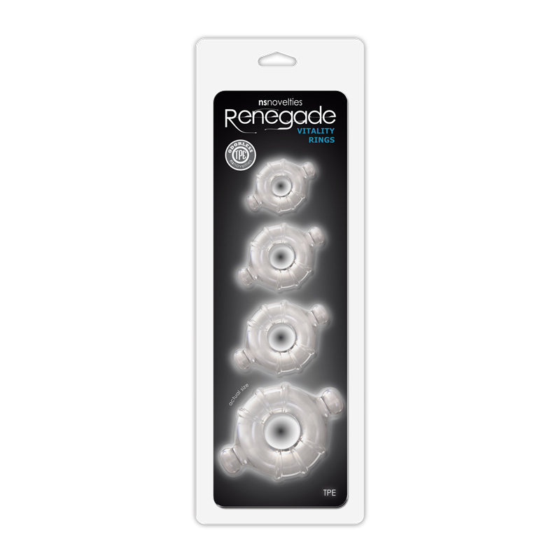 Four clear TPE vitality rings in varying sizes on a white card backing.