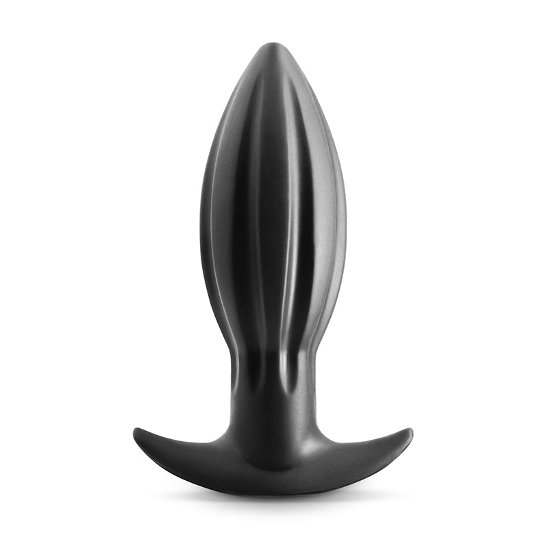 Black silicone expandable anal plug with a ribbed tip and flared base.