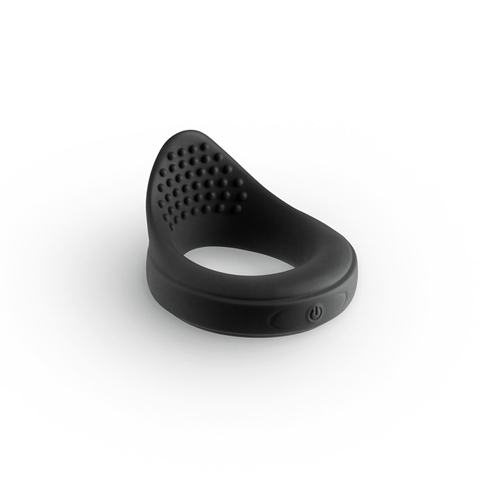 Black vibrating cock ring with textured surface and power button.