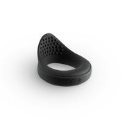 Black vibrating cock ring with textured surface and power button.