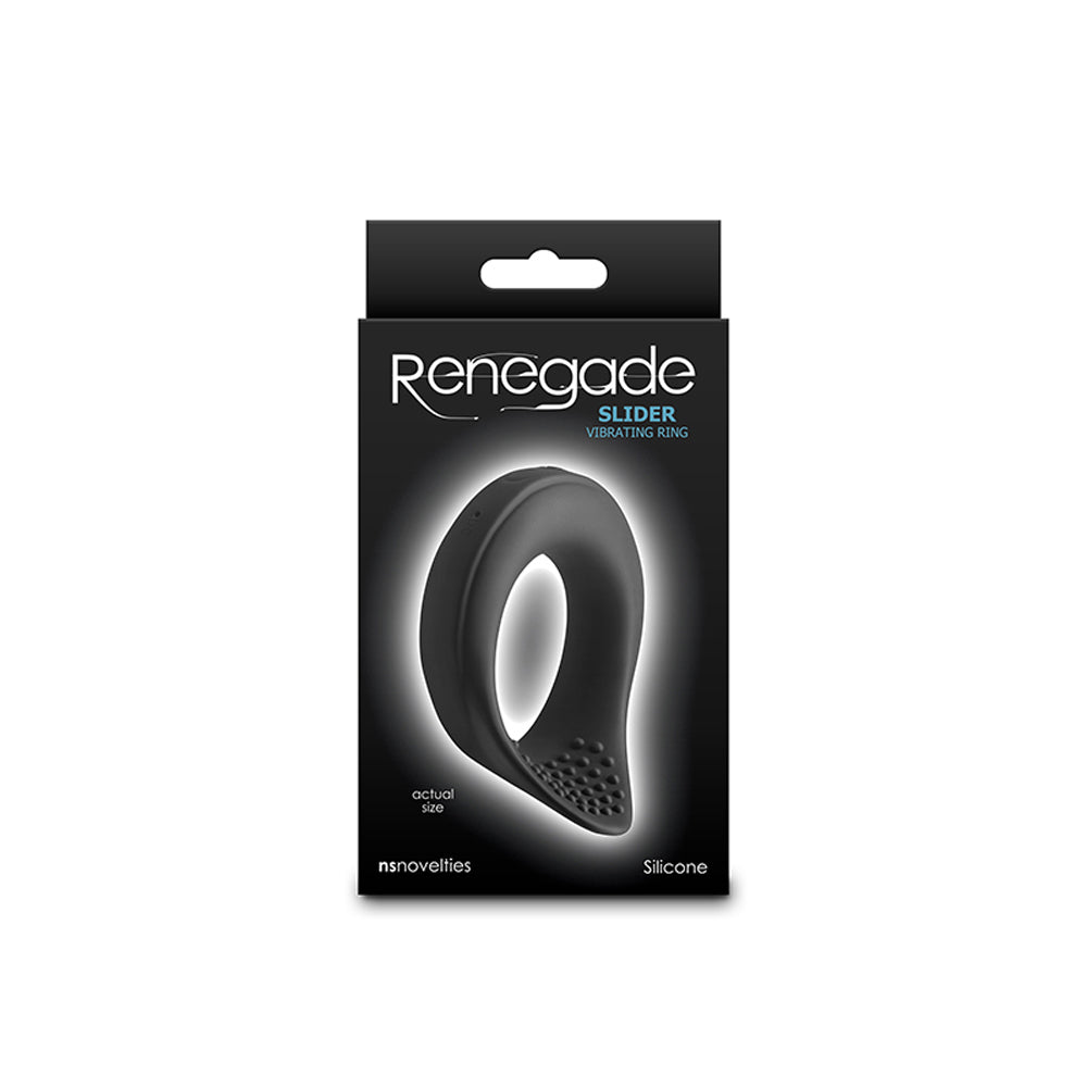 Renegade Slider vibrating cock ring in black silicone.