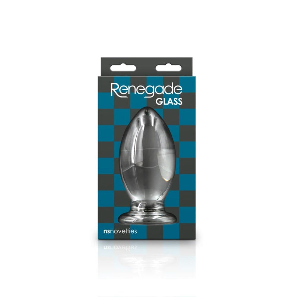 A clear glass anal plug with a flared base, presented in its packaging.