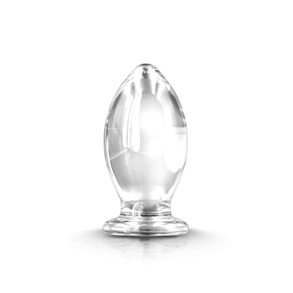 Clear borosilicate glass anal plug with a flared base.