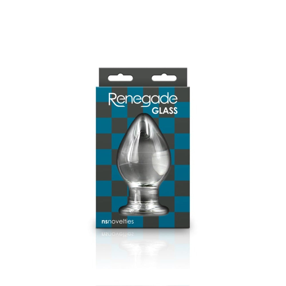Clear borosilicate glass anal plug with a flared base, branded Renegade.
