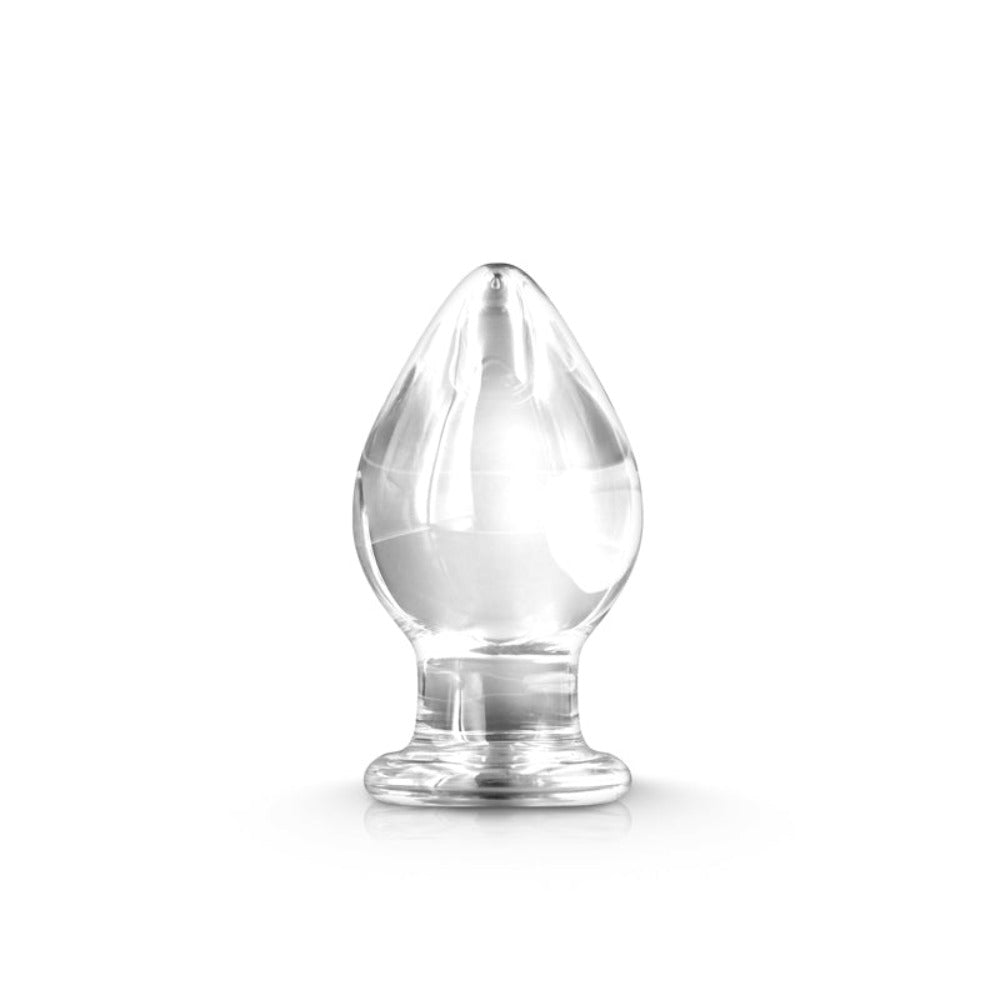 Clear borosilicate glass anal plug with a flared base.