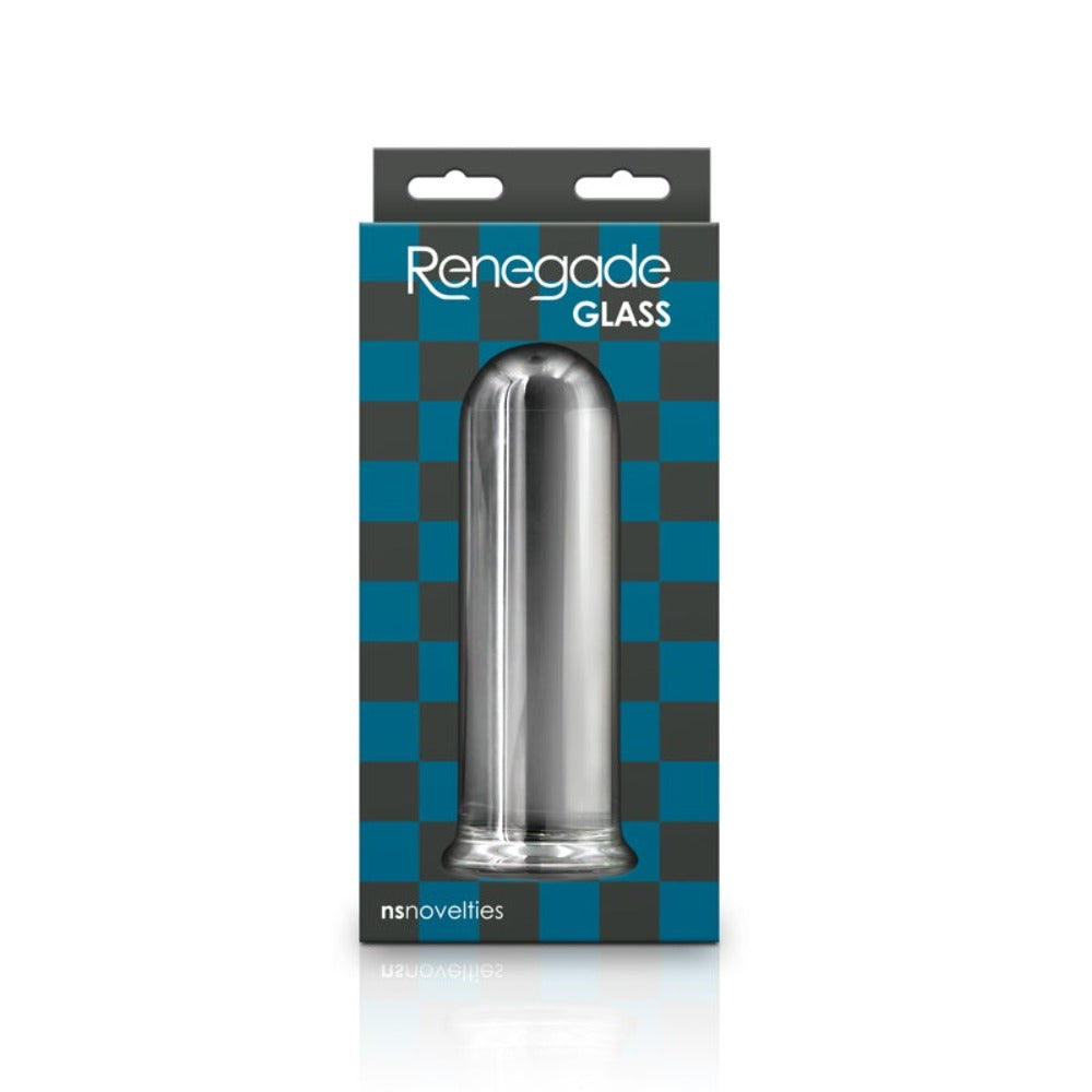 Clear borosilicate glass toy in packaging with "Renegade Glass" branding.