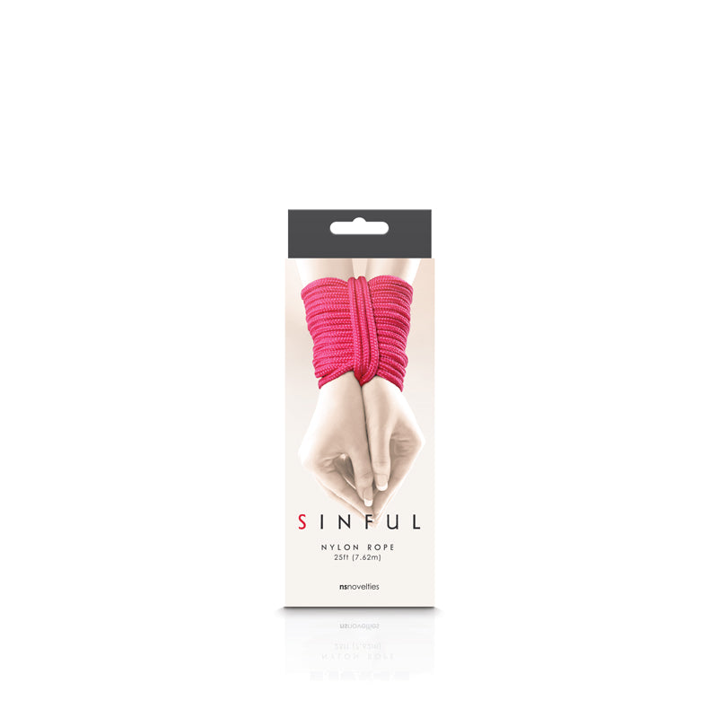 Pink nylon bondage rope, 25ft, with hands tied.