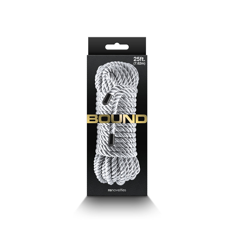 Silver soft cotton bondage rope, 25 feet long, with black capped ends.