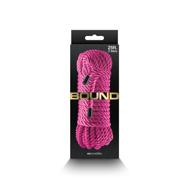 Pink 25-foot soft cotton bondage rope with black accents.