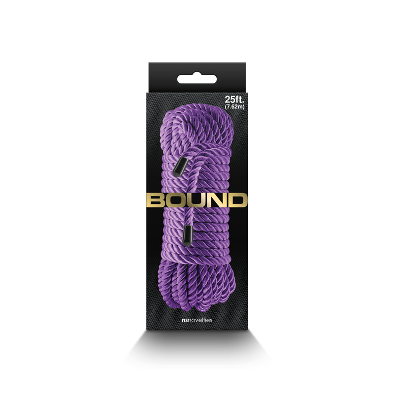 Purple cotton bondage rope, 25ft long, with gold "BOUND" text.