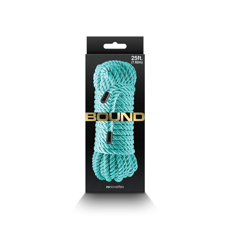 Green 25-foot soft cotton bondage rope with black end caps.