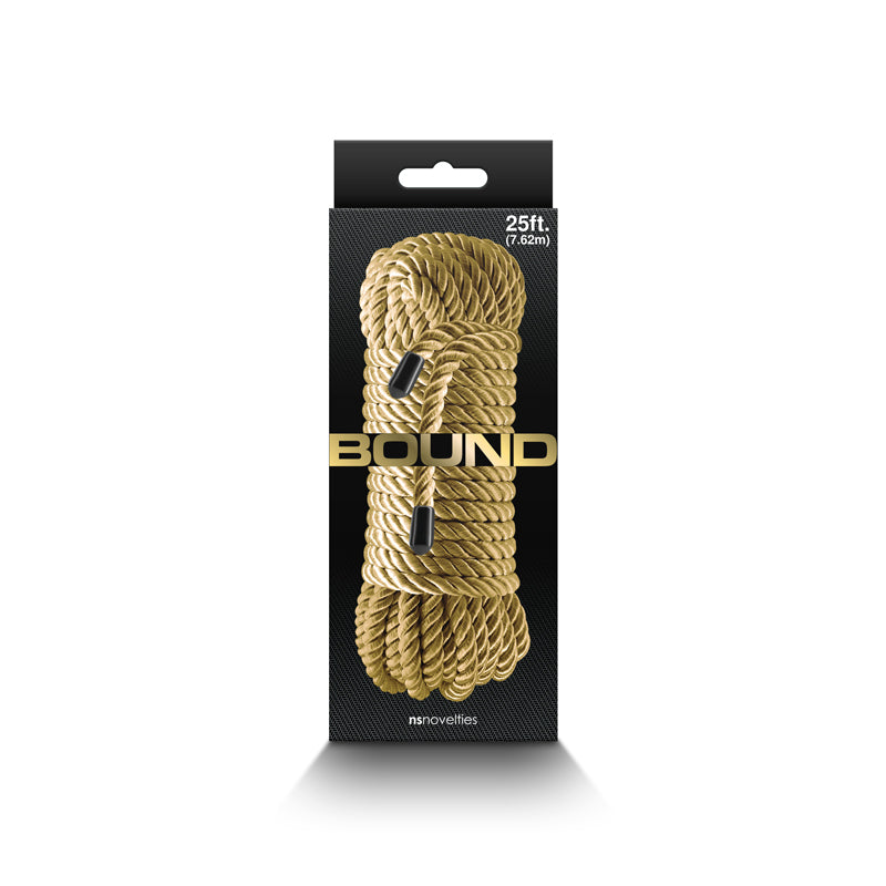 Gold soft bondage rope, 25 feet long, with black accents.