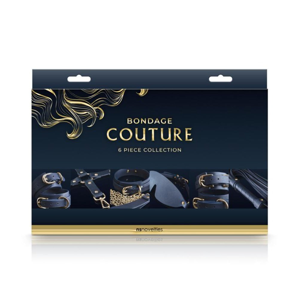 A 6-piece Bondage Couture collection including restraints, blindfold, and whip.