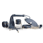 6-piece BDSM restraint kit with blindfold and whip.