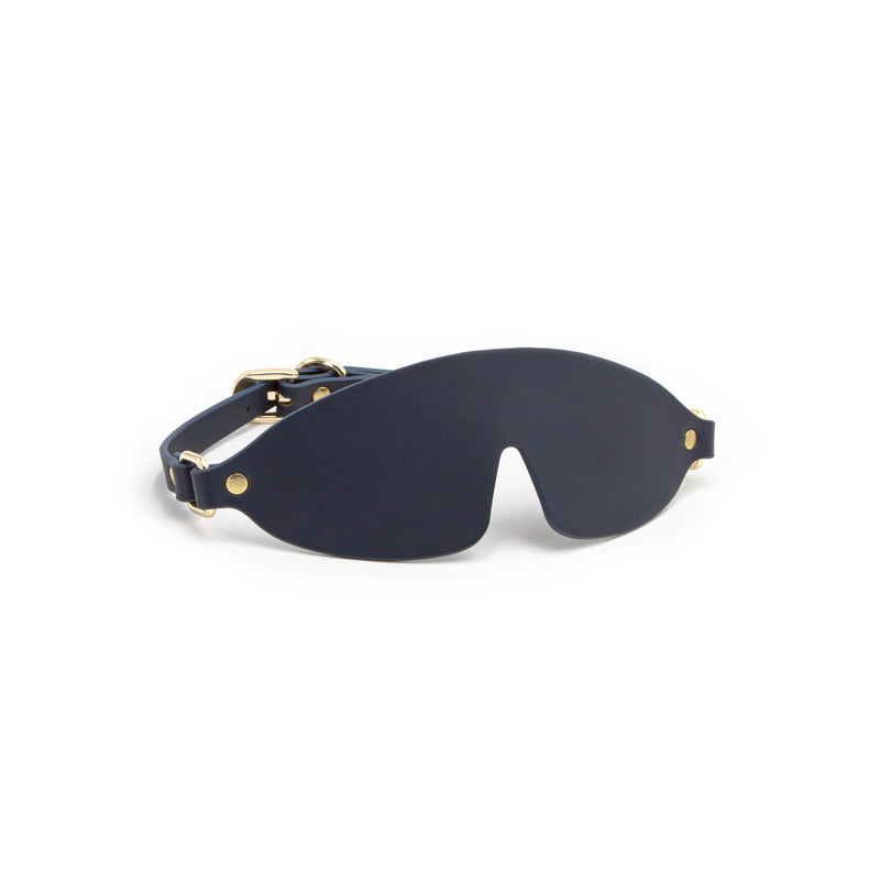 Navy blue blindfold with nickel-free hardware.