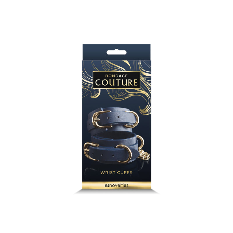 Navy blue synthetic leather wrist cuffs with gold buckles.