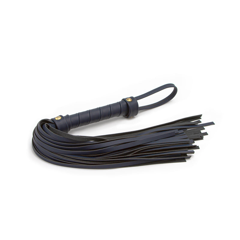 Navy blue synthetic leather flogger with a looped handle.