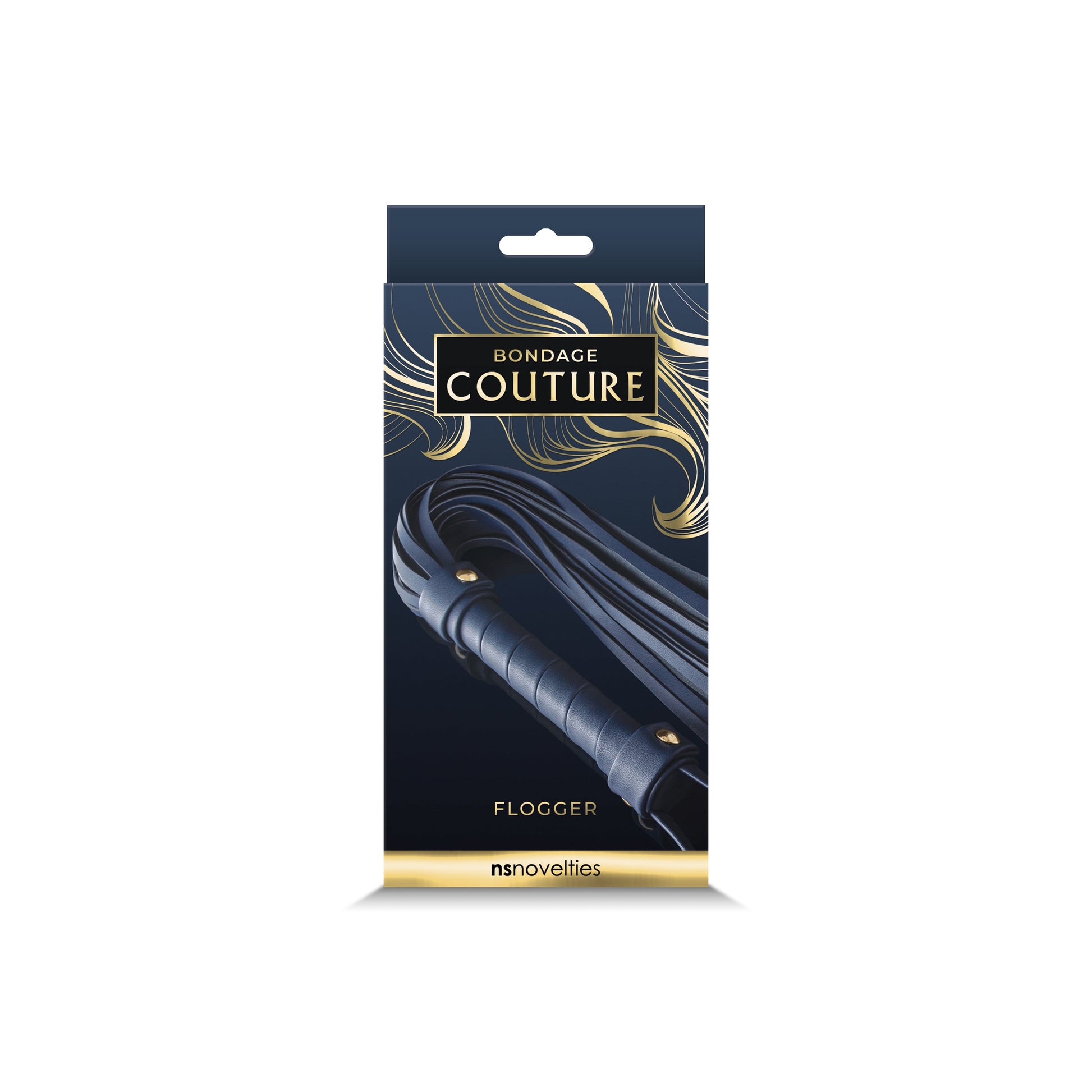 Navy blue synthetic leather flogger with gold accents and "Bondage Couture" branding.
