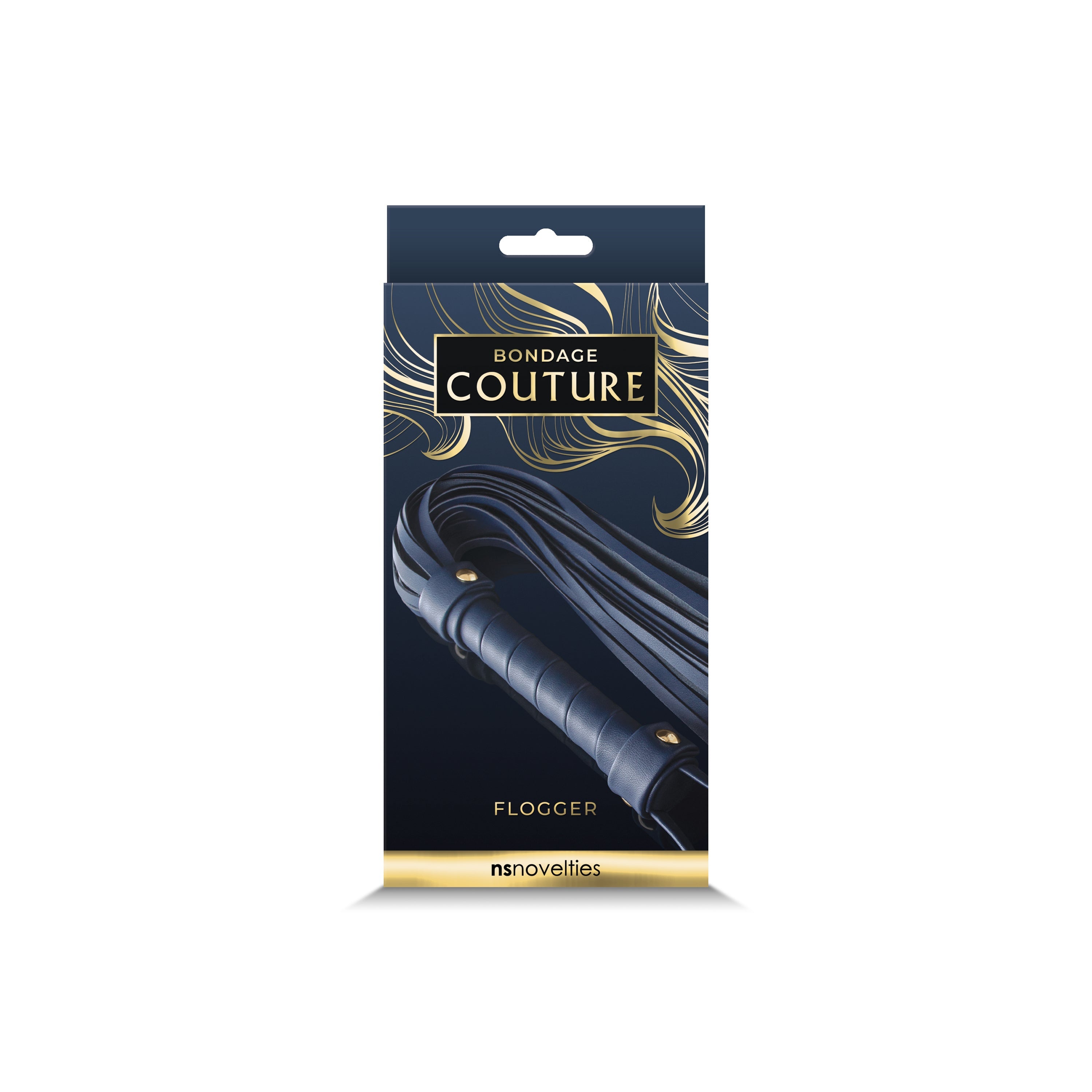 Navy blue synthetic leather flogger with gold accents and "Bondage Couture" branding.