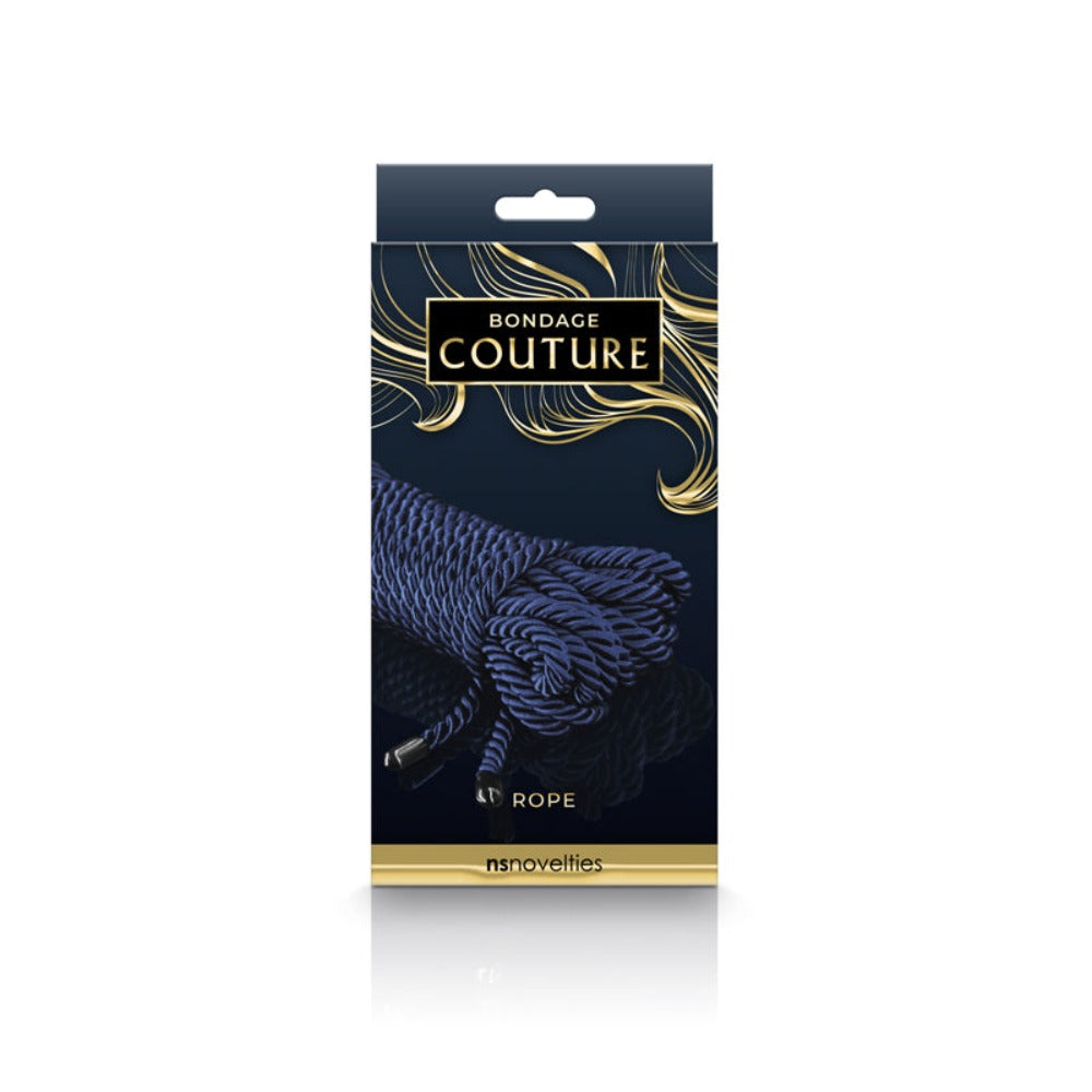 Navy blue bondage rope with gold accents on the packaging.