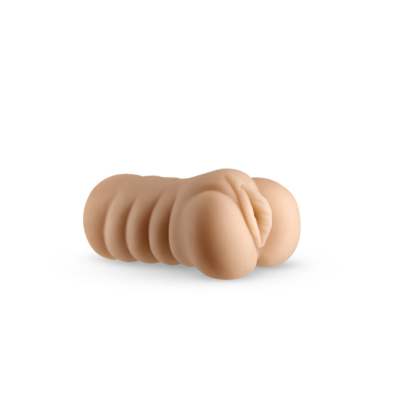 Tan textured TPE male masturbator with a ribbed shaft.